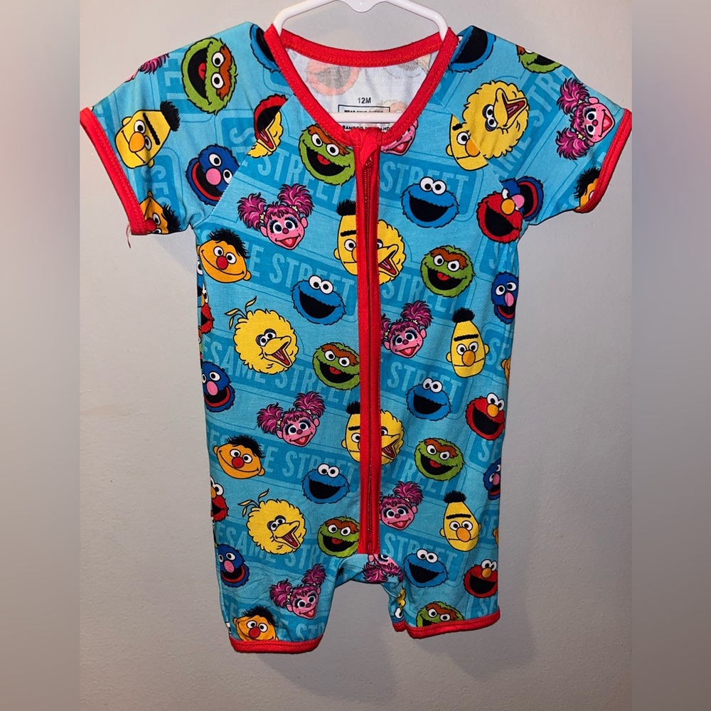 Sesame Street Blue Character Zip Short Sleeve Romper with Red Trim